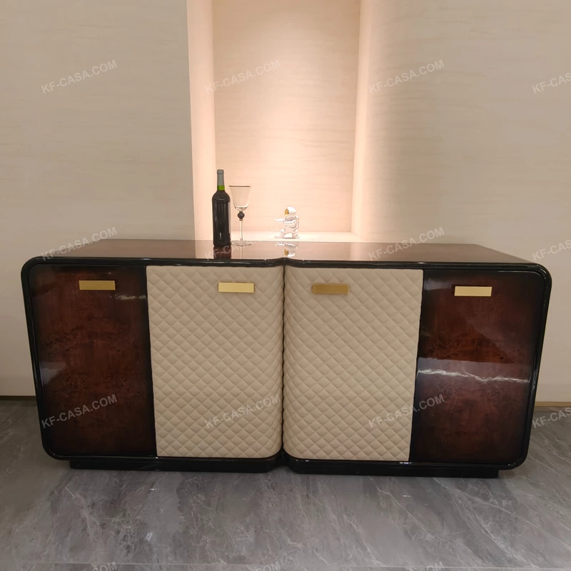 Curved Four-Door Sideboard with Quilted Upholstered Panels High-Gloss Burl Wood Veneer and Gold-Finish Metal Handles